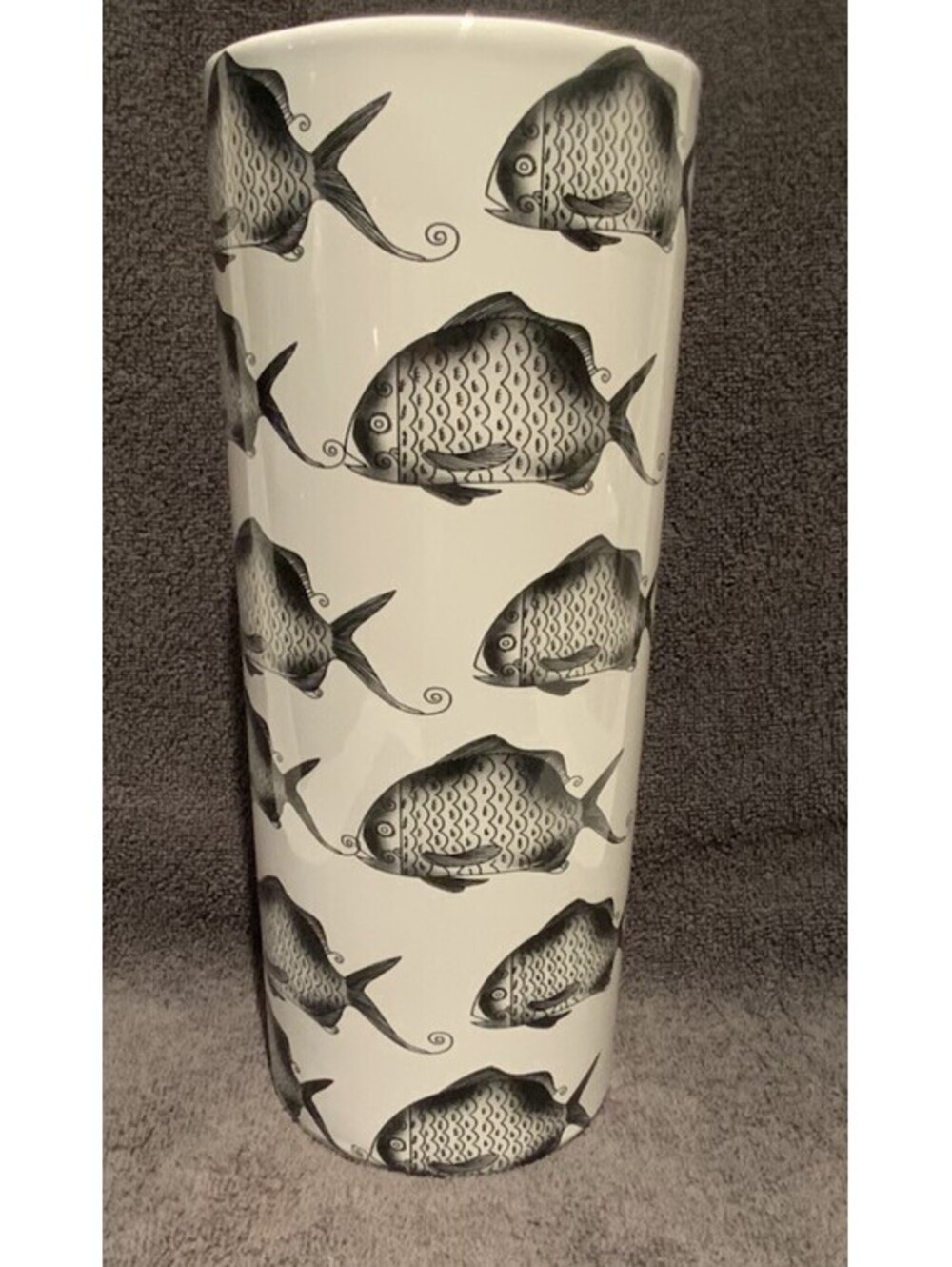 Decorative Ceramic 9.75”H x 4”D Vase With Whimsical Stylized Fish Motif